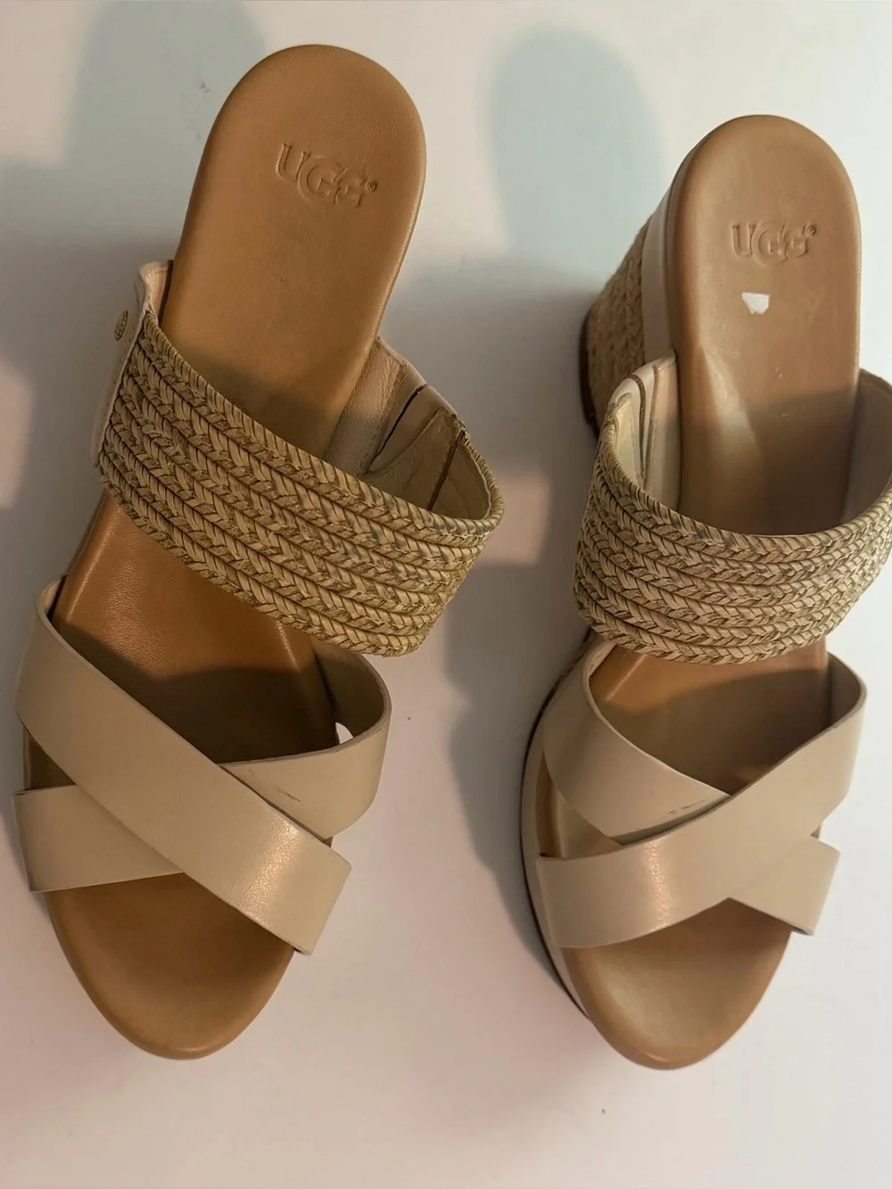 UGG Adriana Leather Jute Wedge Platform Sandals - Horchata Beige - Size 9